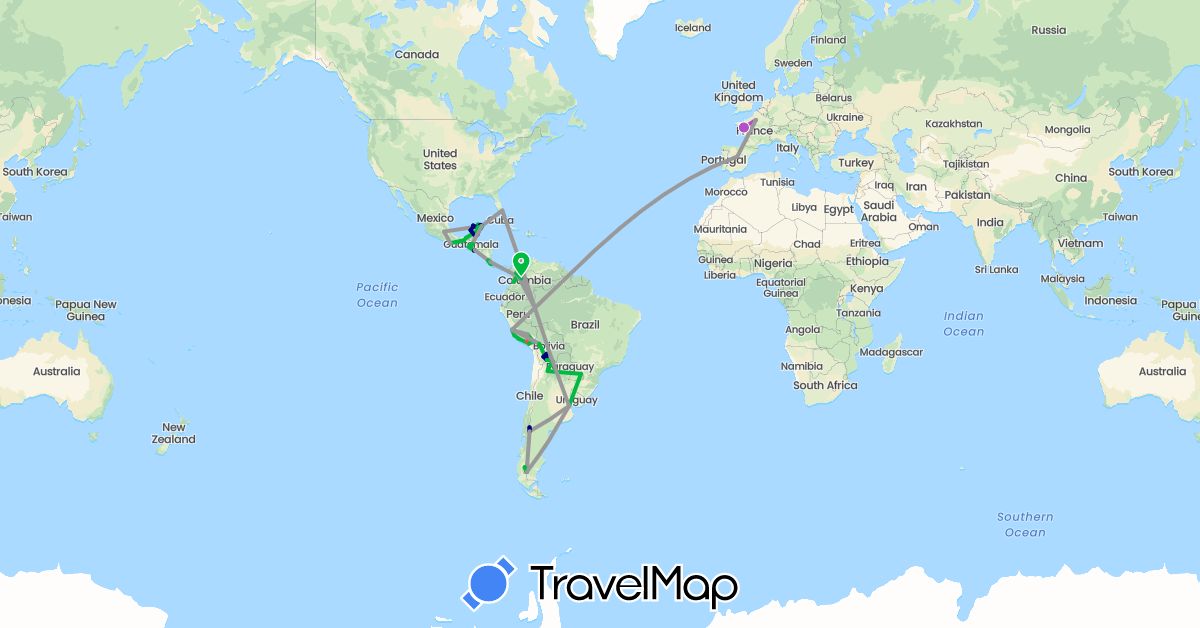 TravelMap itinerary: driving, bus, plane, train, hiking, boat, motorbike in Argentina, Bolivia, Colombia, Costa Rica, Spain, France, Guatemala, Mexico, Peru, El Salvador, United States (Europe, North America, South America)